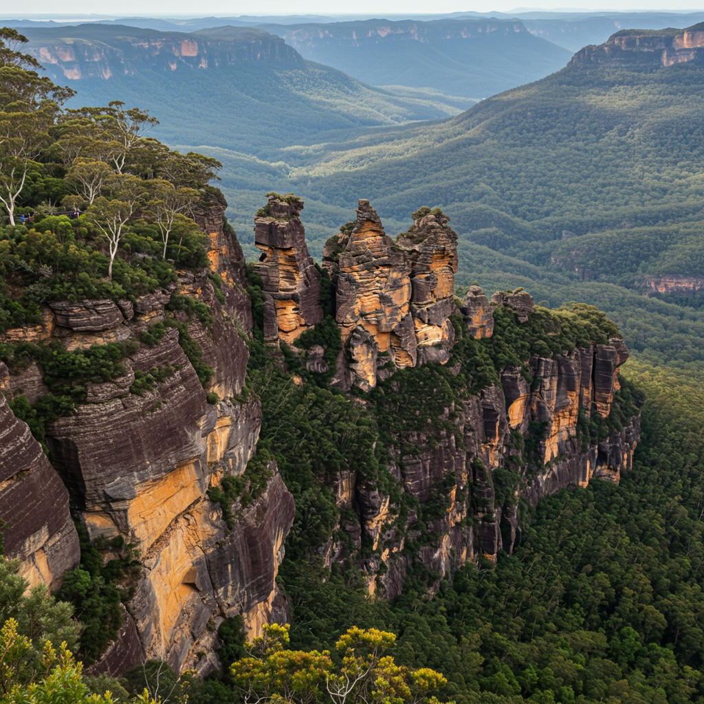 A breathtaking view of the Three Sisters in the Blue Mountains under a clear blue sky.