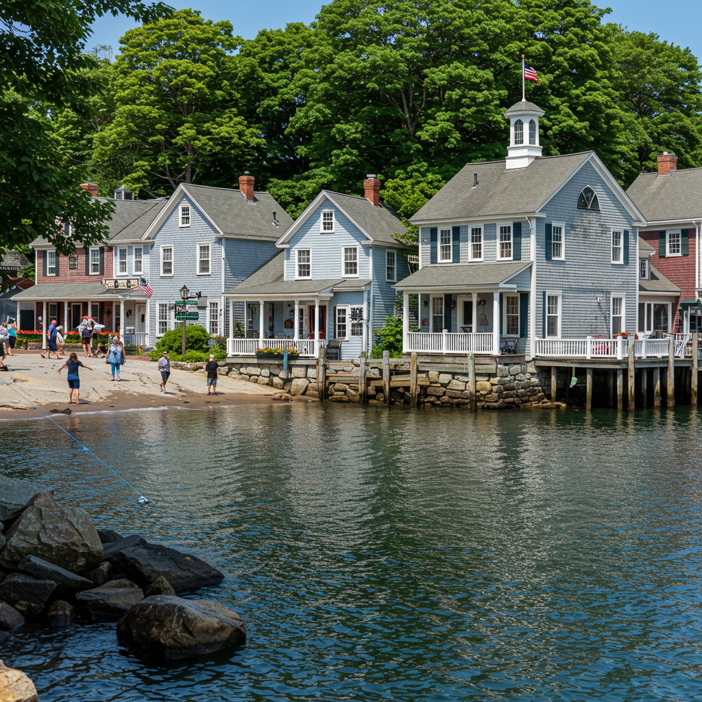 Boats docked in the harbor of Kennebunkport on a sunny day.
