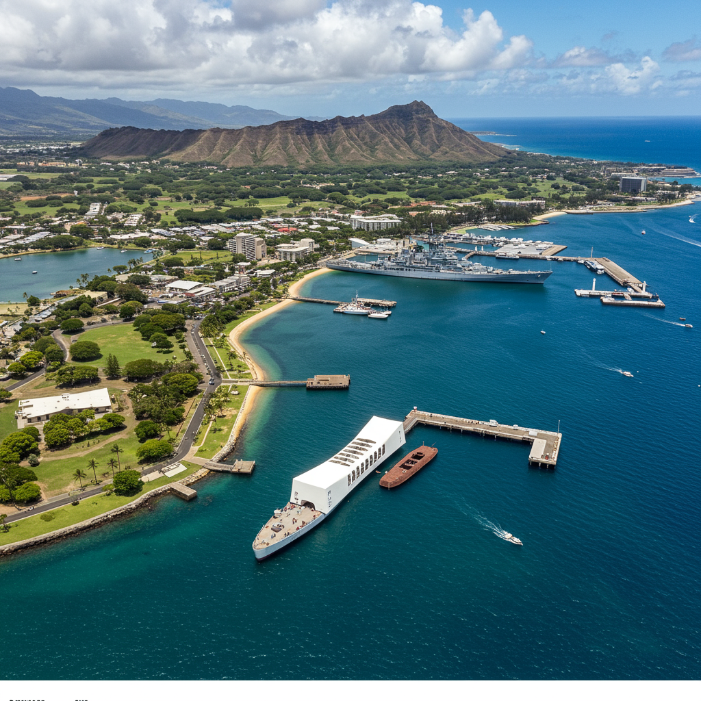 The USS Arizona Memorial at Pearl Harbor on a sunny day