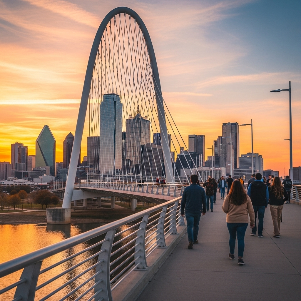 The Dallas skyline featuring the iconic Reunion Tower and Margaret Hunt Hill Bridge.