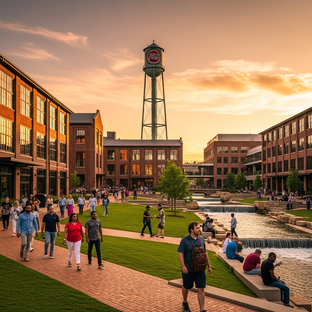 A beautiful view of the historic American Tobacco Campus in Durham, NC
