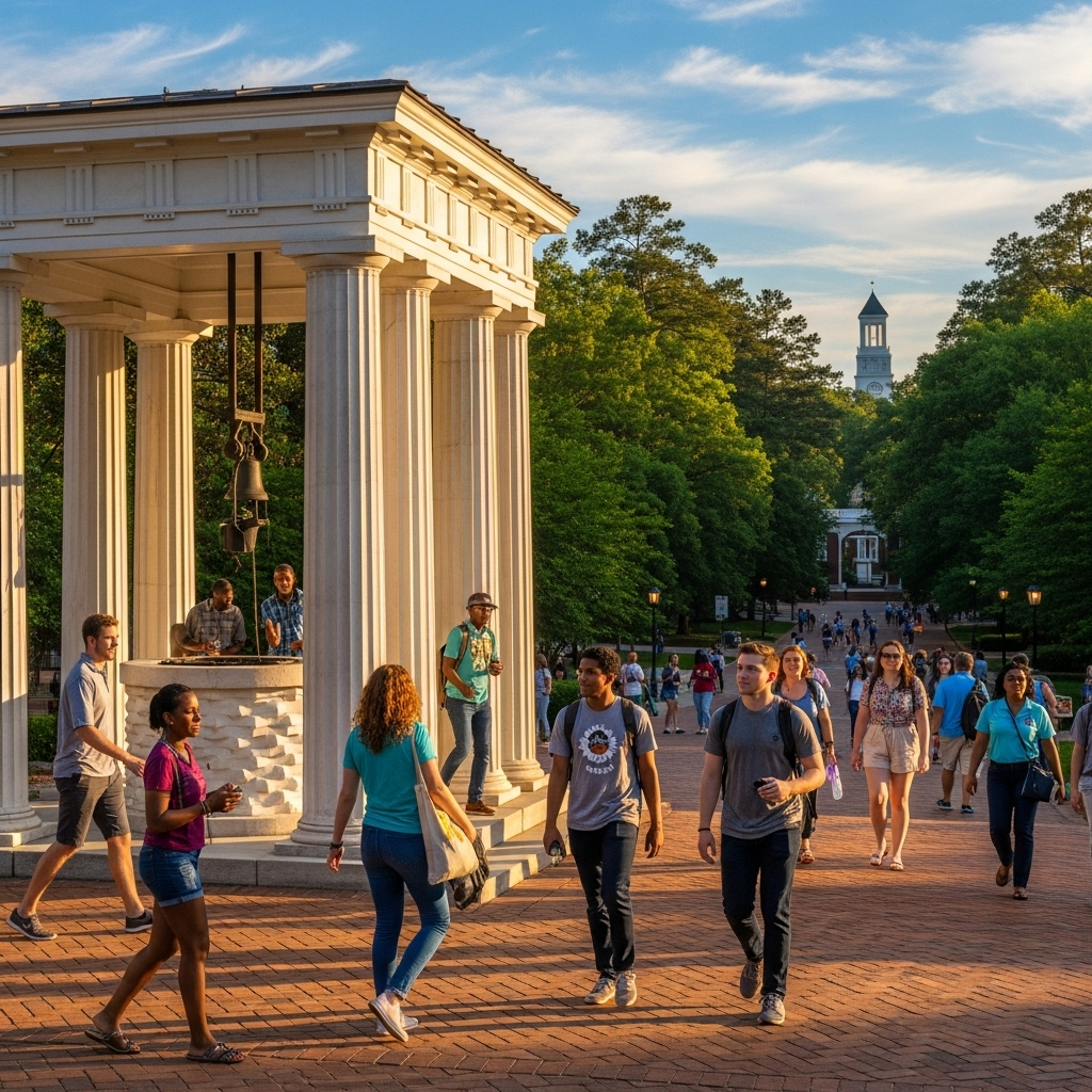 A beautiful view of the Old Well on the UNC Chapel Hill campus on a sunny day.