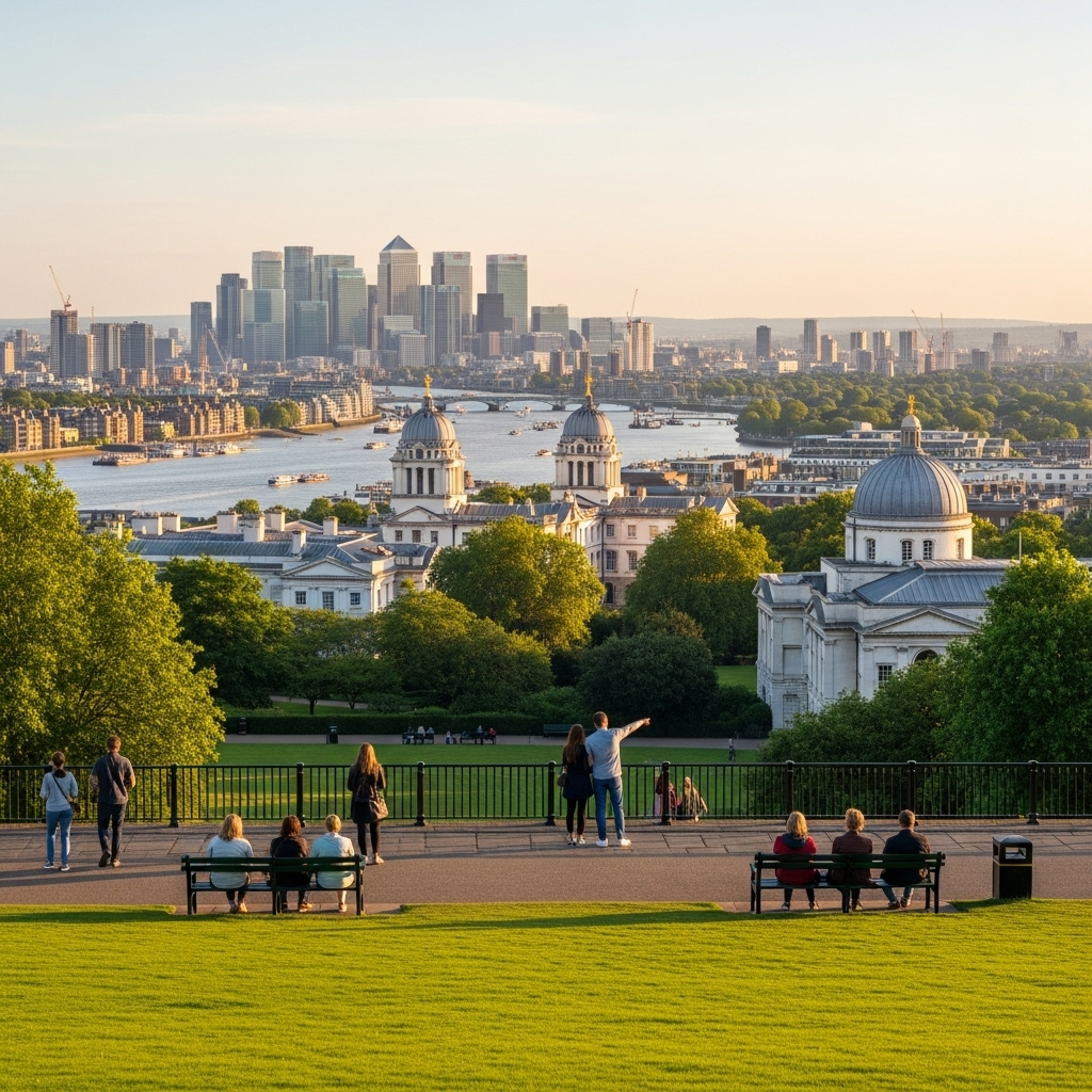 A stunning panoramic view from Greenwich Park looking towards Canary Wharf and central London.