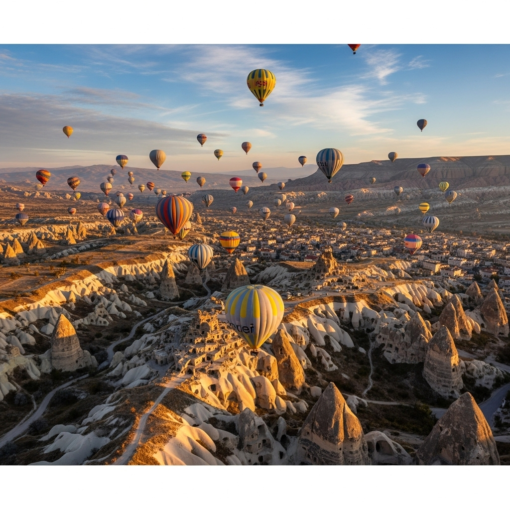 Hundreds of hot air balloons rising over the unique fairy chimney landscape of Cappadocia at sunrise.