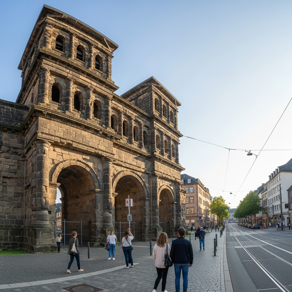 A picturesque view of Trier's Hauptmarkt with its colorful buildings and historic fountain.