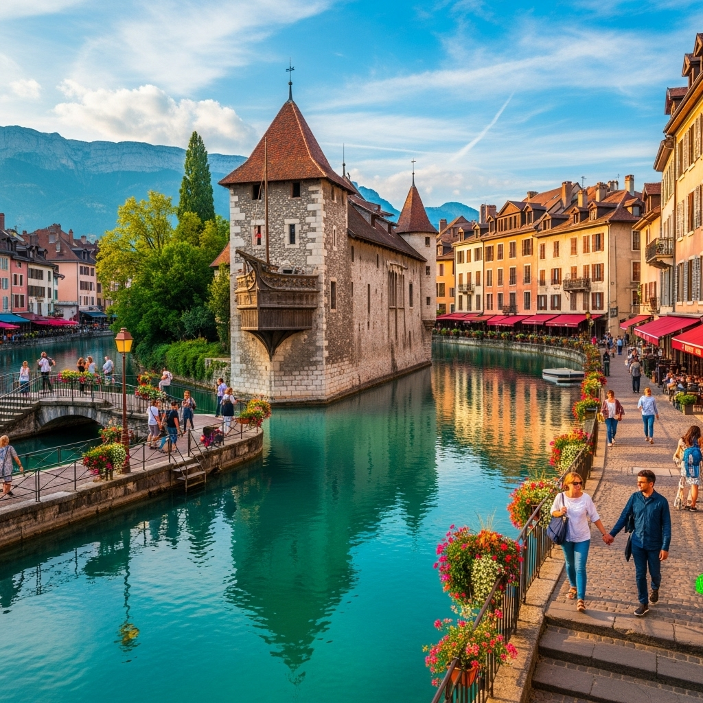A beautiful view of the canals and pastel buildings in Annecy's Old Town.