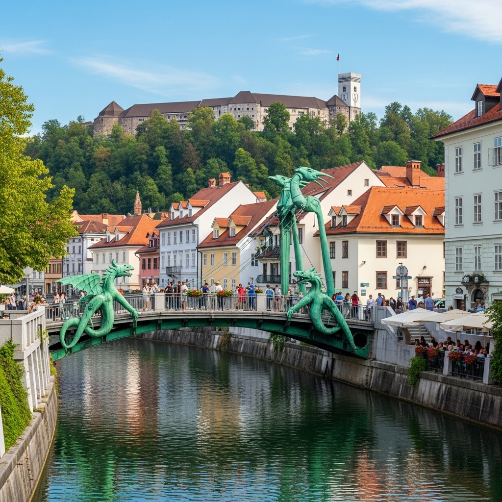 A picturesque view of Ljubljana's river and colourful buildings from a bridge.
