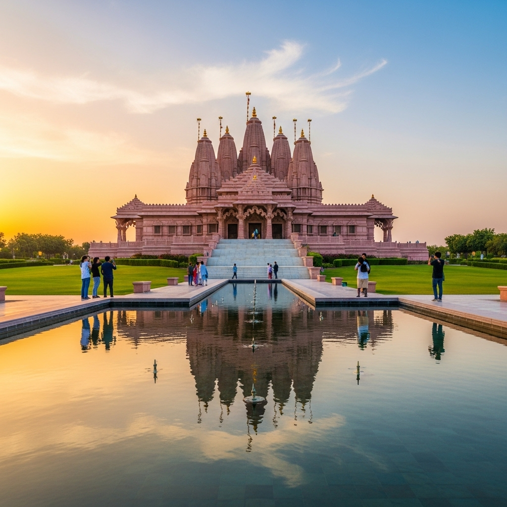 A breathtaking view of the hand-carved domes and spires of the BAPS Hindu Mandir in Abu Dhabi.