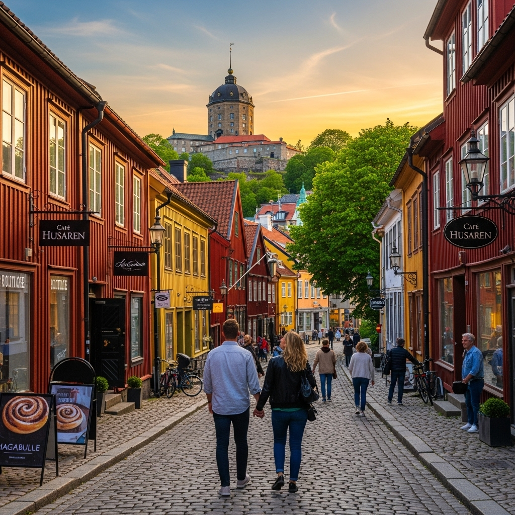 The picturesque wooden houses and cobblestone streets of the Haga district in Gothenburg.