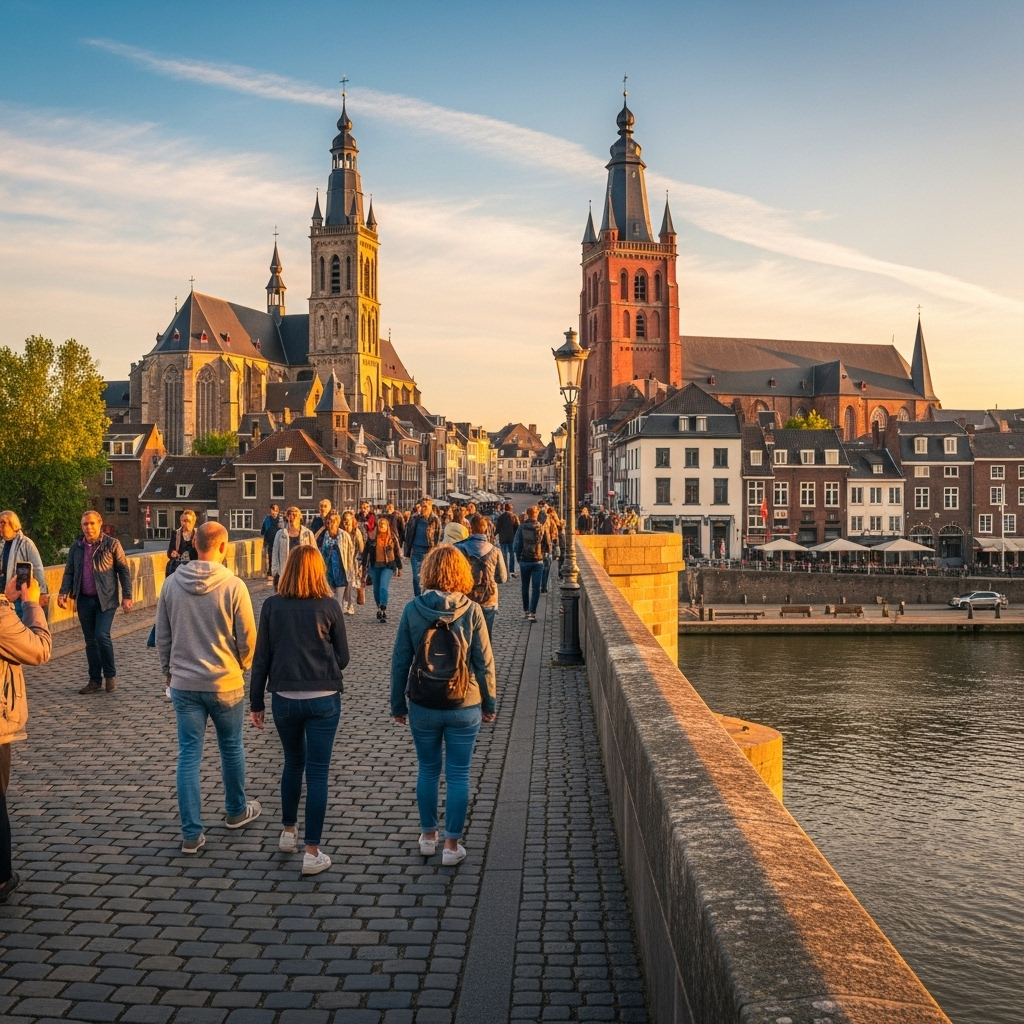 A picturesque cobblestone street in Maastricht with historic buildings and cafe seating