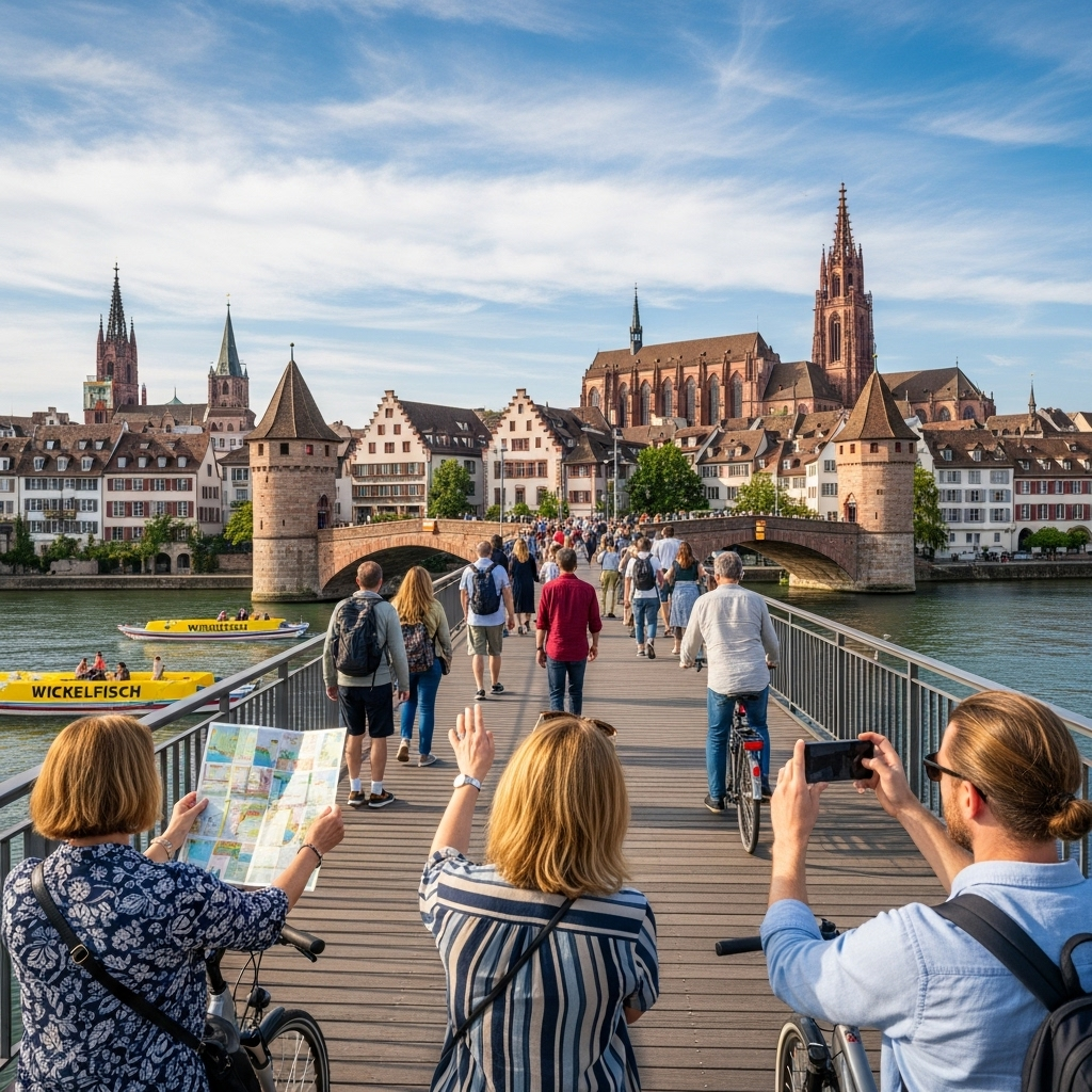 A picturesque view of Basel's Old Town and the Rhine River from the Mittlere Brücke