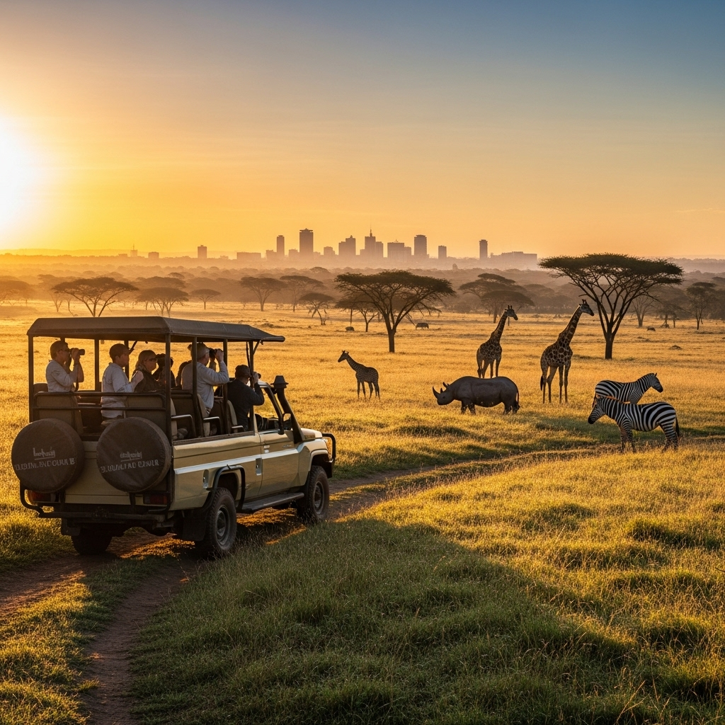 Giraffe with the Nairobi city skyline in the background in Nairobi National Park
