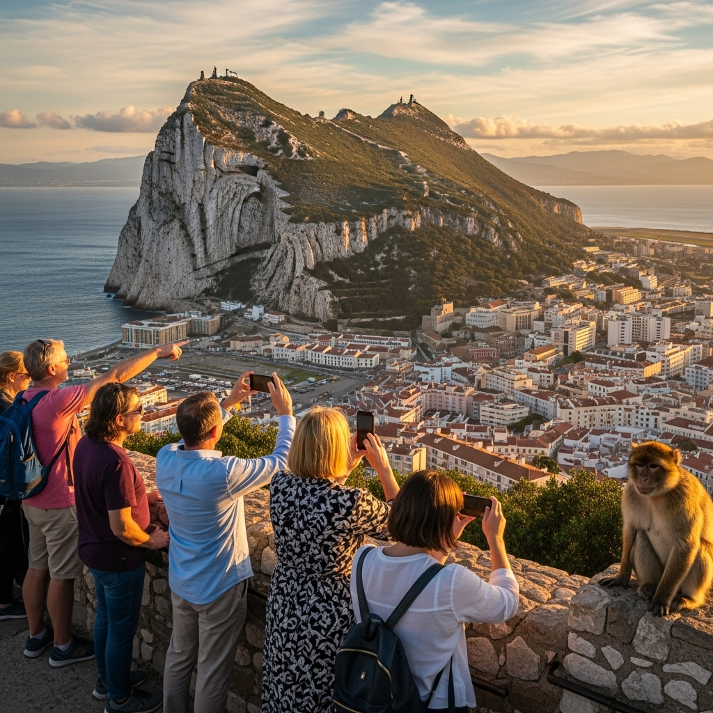 A view from the Rock of Gibraltar showing the bay and the airport runway.