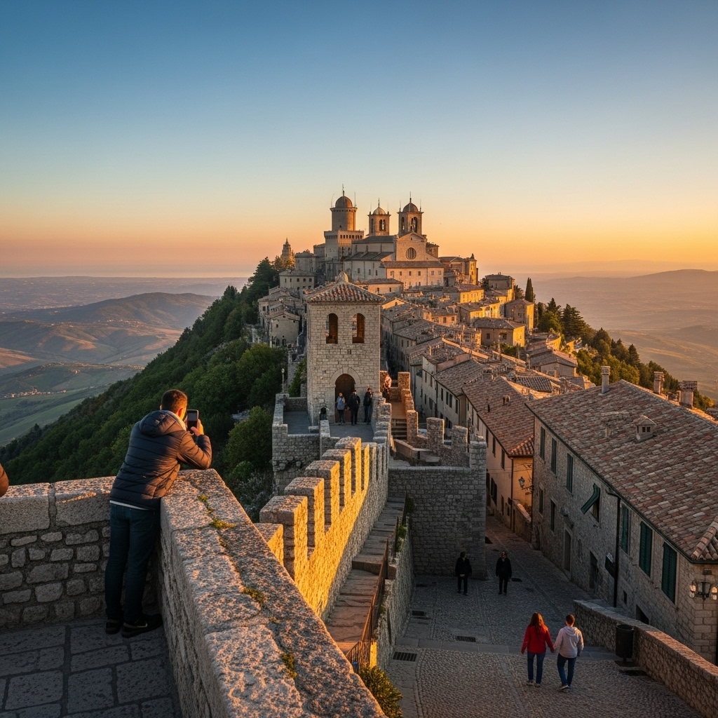 Panoramic view from the towers of San Marino overlooking the Italian countryside.