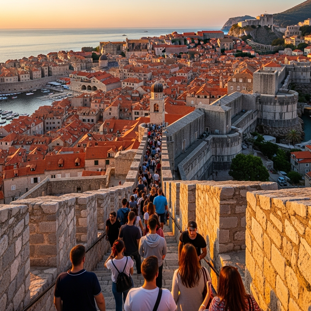 A stunning view of Dubrovnik's red rooftops and the Adriatic Sea from the city walls.