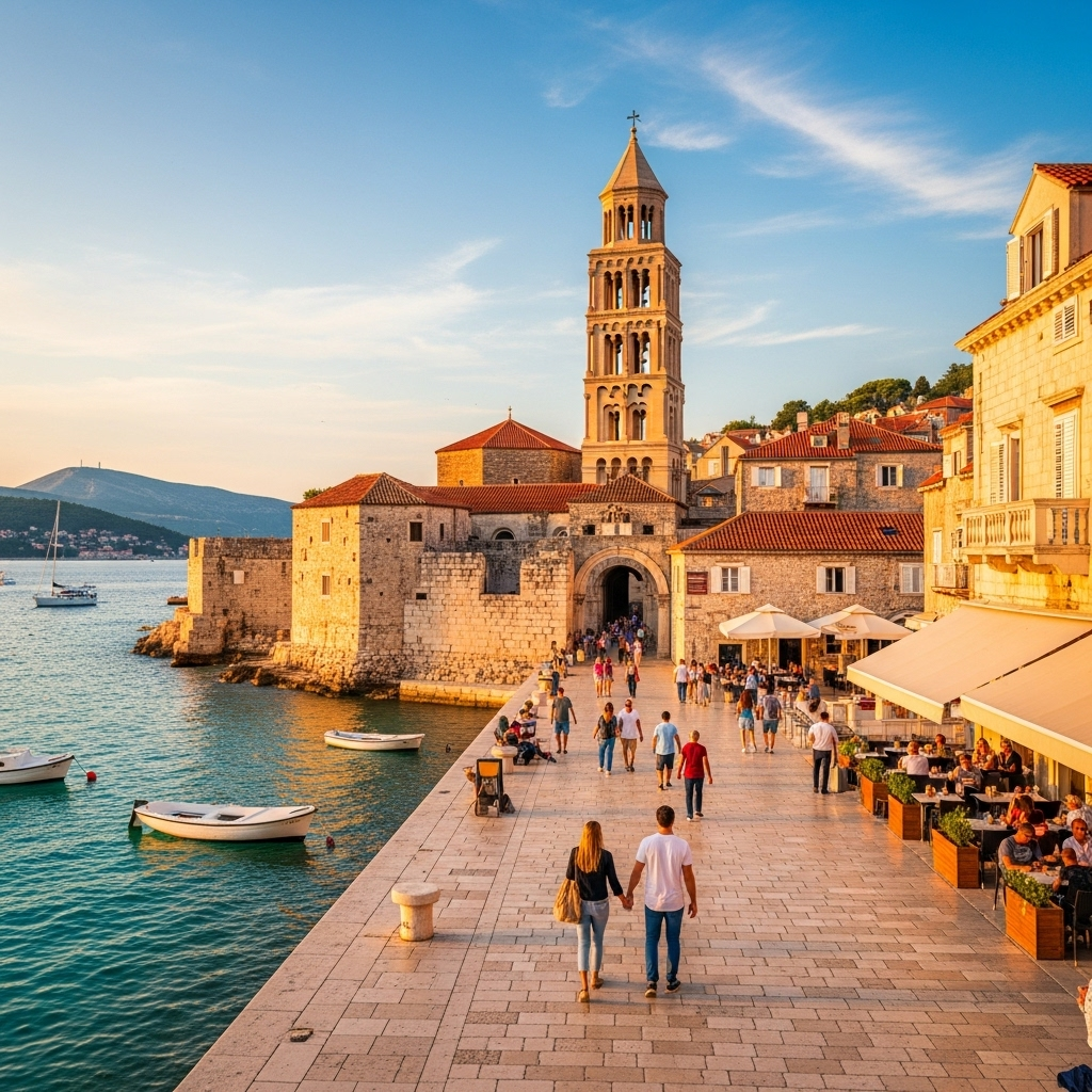 Panoramic view of Split's harbor and Old Town from a viewpoint.