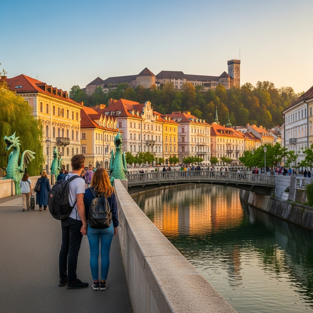 Ljubljana's Triple Bridge and pink Franciscan Church on a sunny day.