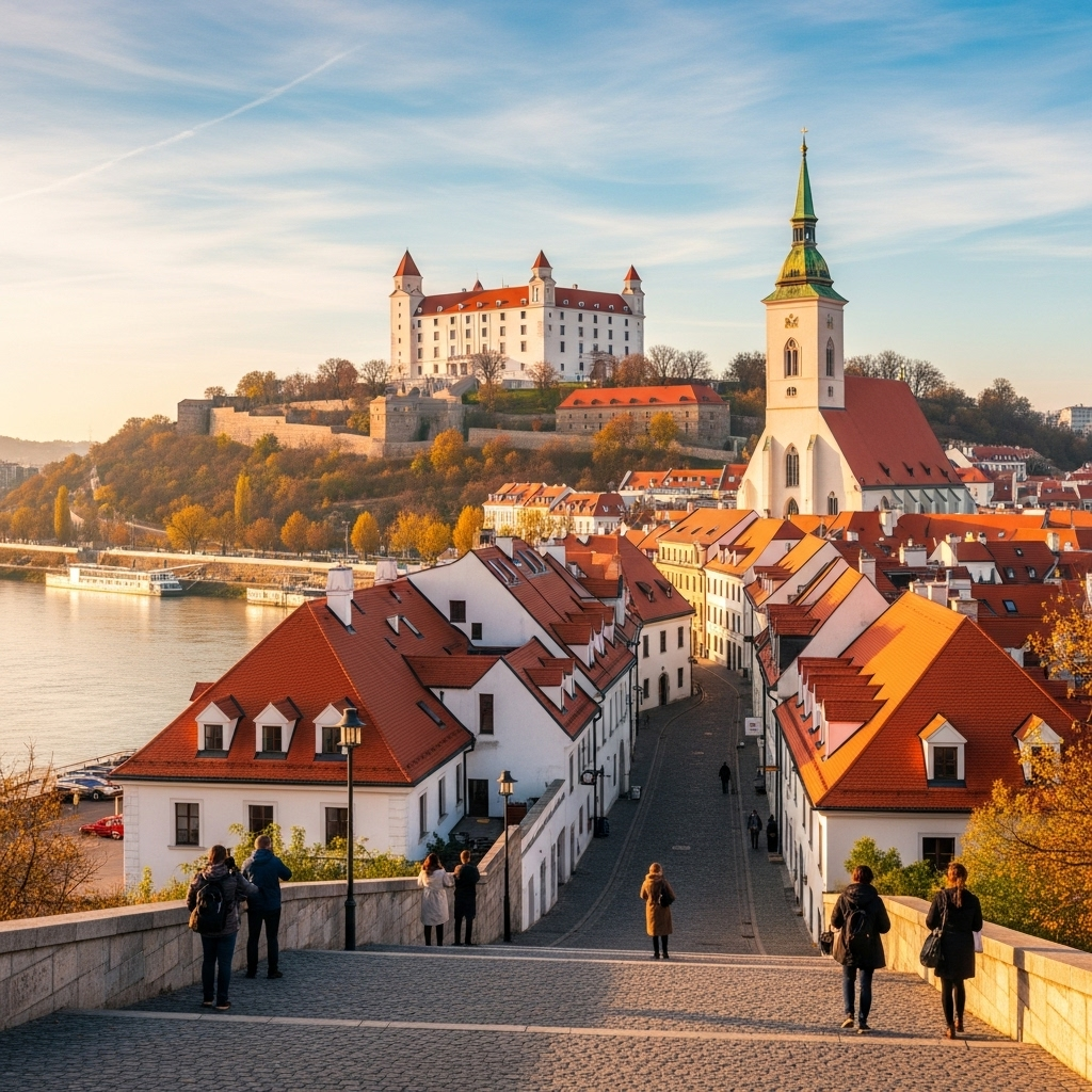 A beautiful view of Bratislava's Old Town with the castle in the background