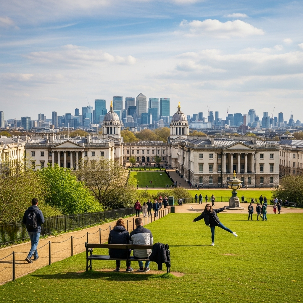 A beautiful view of the Queen's House in Greenwich with the Canary Wharf skyline behind it.