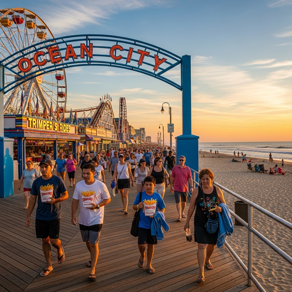 The iconic Ferris wheel and amusement pier in Ocean City at dusk