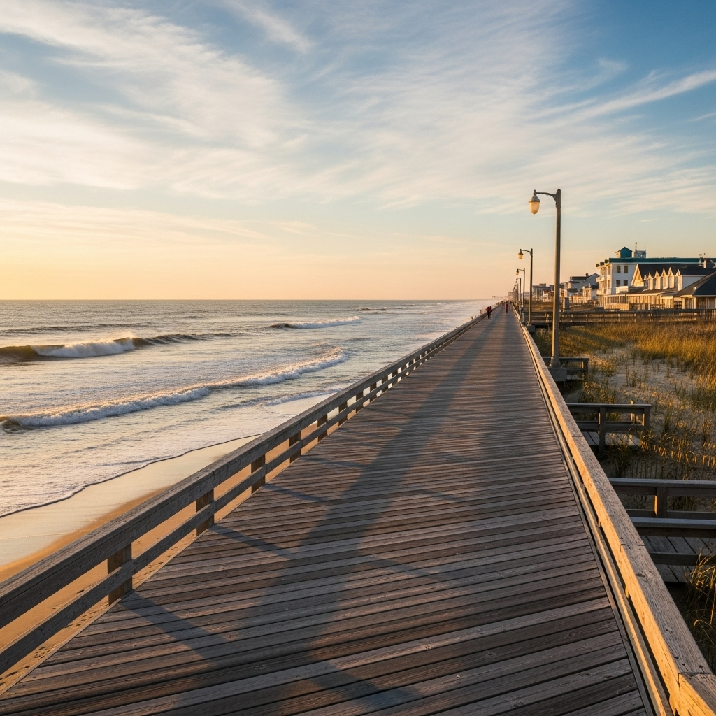 A sunny day on the Rehoboth Beach boardwalk with the ocean in the background.
