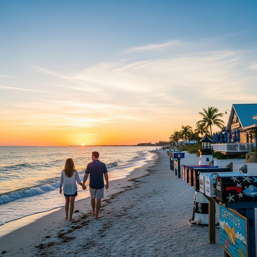 A beautiful sunset over the calm waters of Captiva Island's beach.