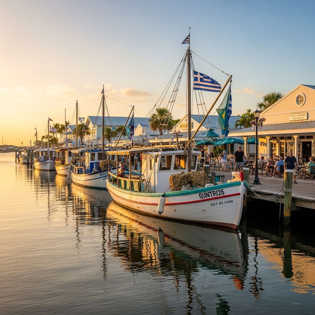 Sponge boats docked along the Anclote River in Tarpon Springs.