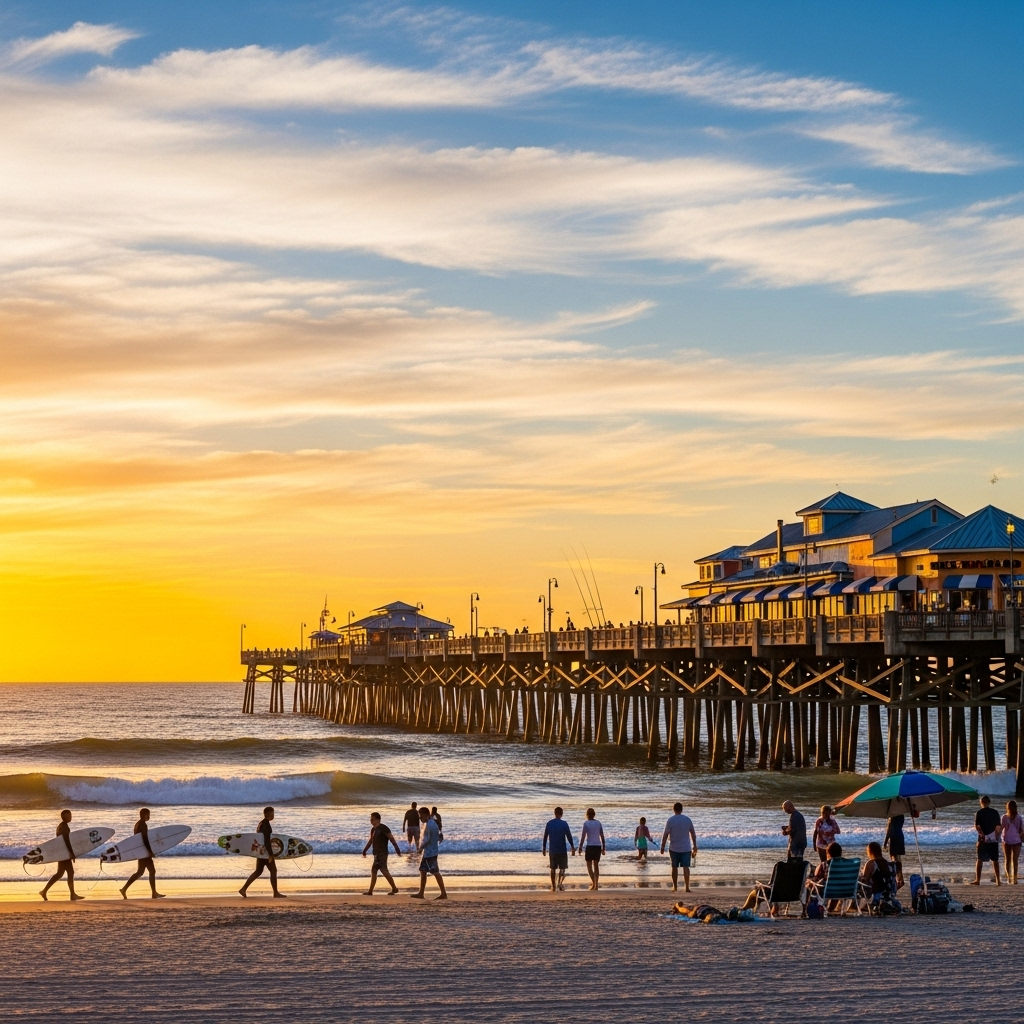 A beautiful view of the Cocoa Beach Pier stretching out into the Atlantic Ocean.