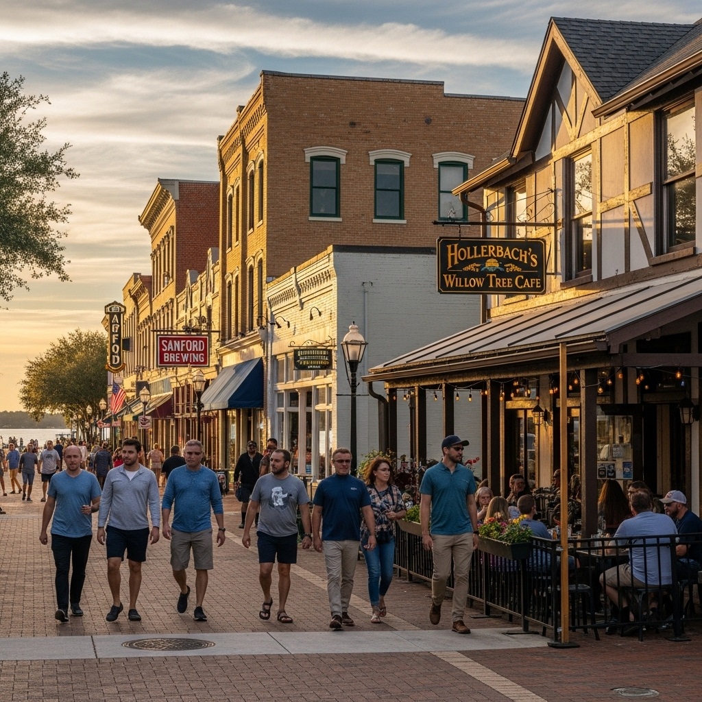 A sunny street scene in historic downtown Sanford, Florida.