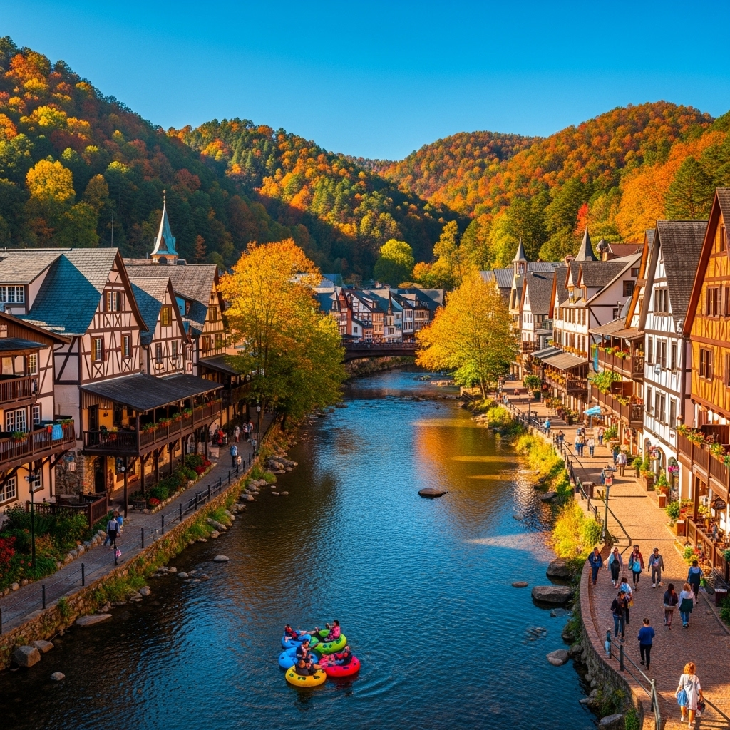 A picturesque view of the Bavarian-style buildings in Helen, Georgia along the Chattahoochee River.