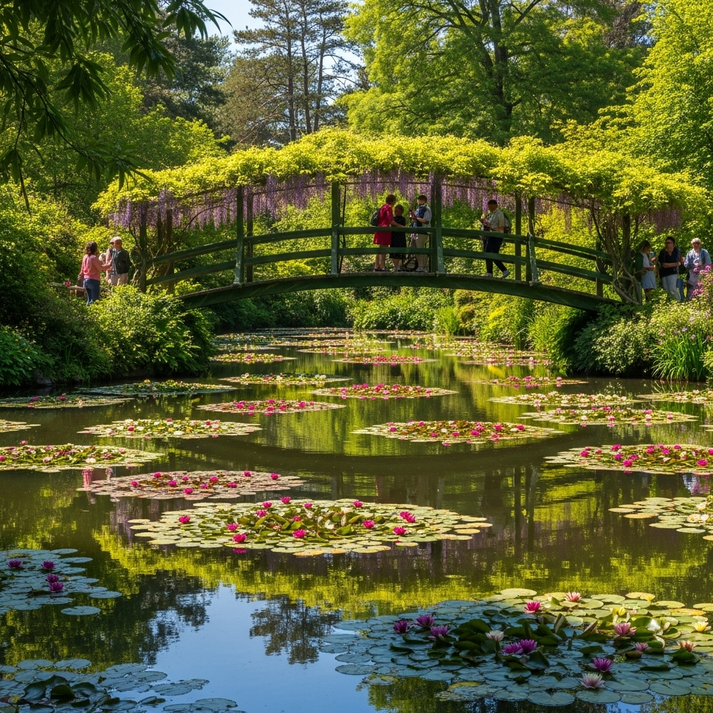 The iconic Japanese bridge over the water lily pond in Giverny