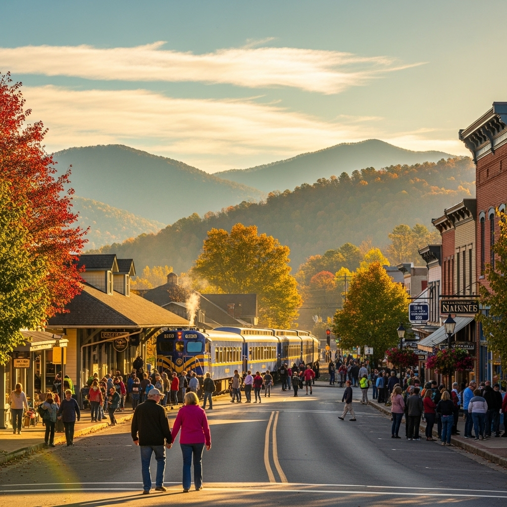 The scenic Blue Ridge train making its way through a lush green forest.