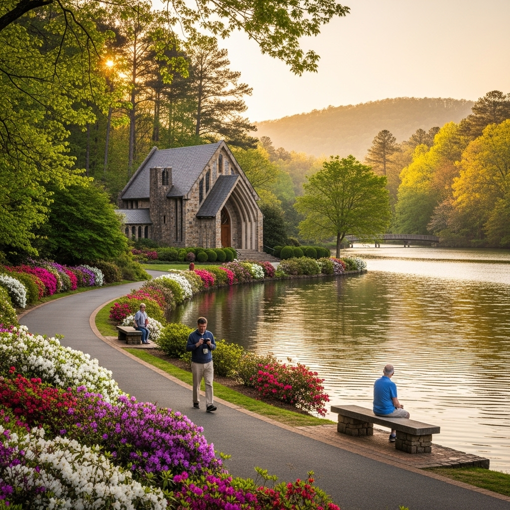 A serene view of the Ida Cason Callaway Memorial Chapel reflected in the lake.