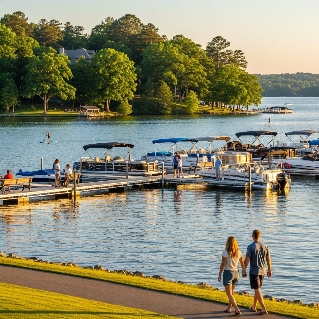 A beautiful sunset over the calm waters of Lake Norman, with boats docked at a pier.