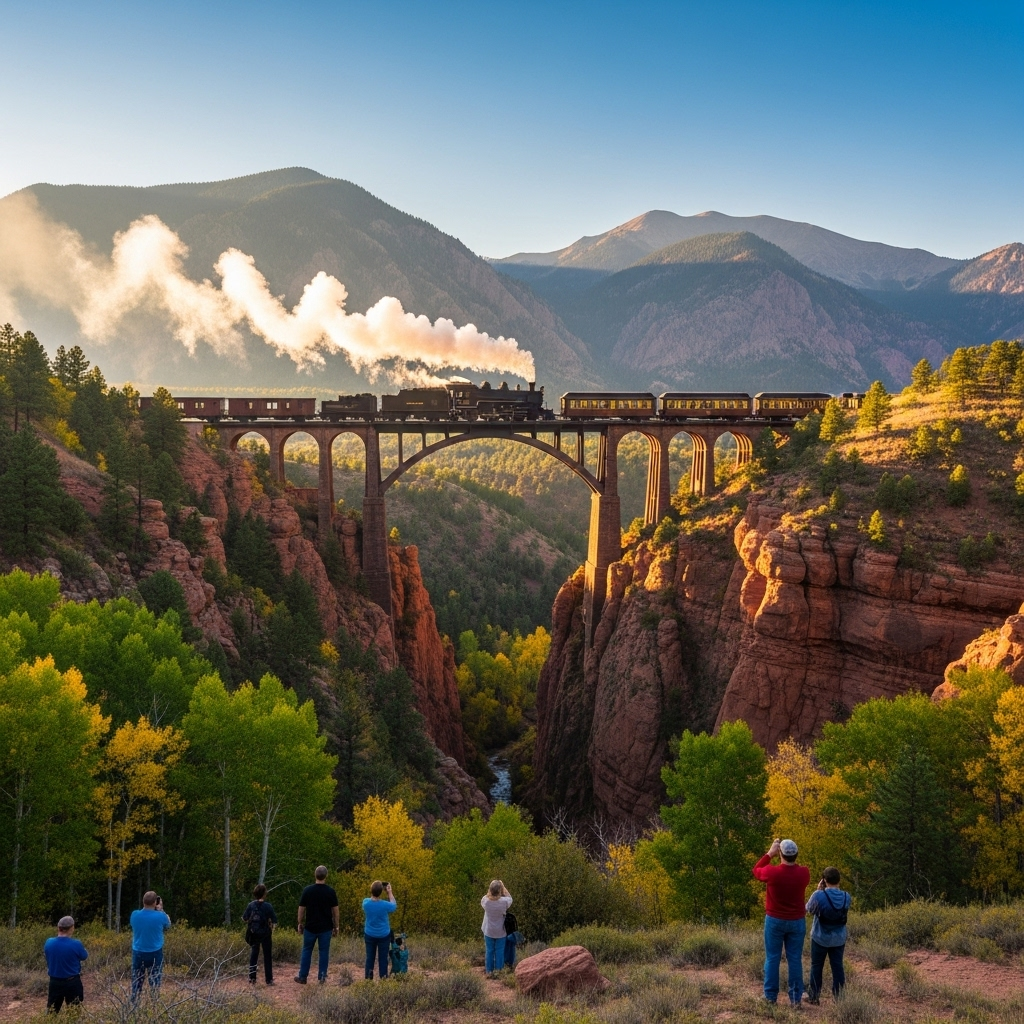 A scenic view of the Georgetown Loop Railroad crossing the Devil's Gate High Bridge in Colorado.