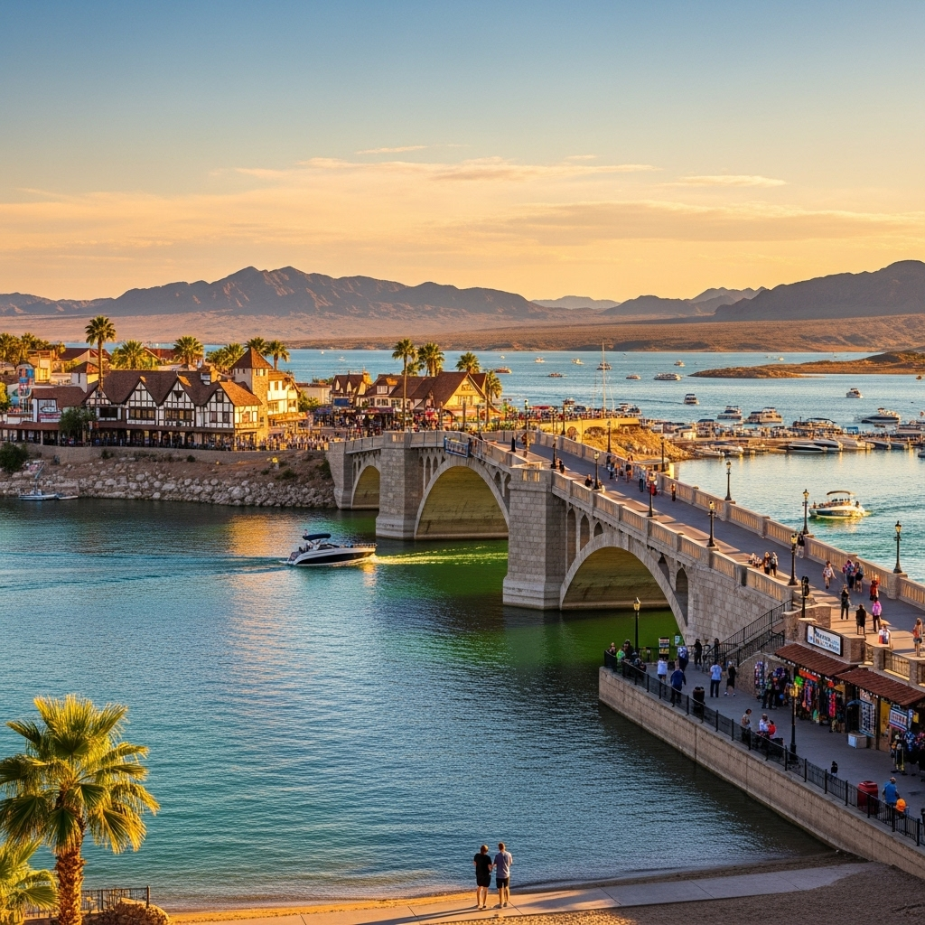 A beautiful view of the London Bridge over the blue water channel in Lake Havasu City, Arizona.