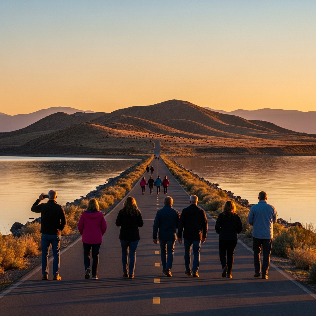 Bison grazing on the grassy hills of Antelope Island with the Great Salt Lake in the background