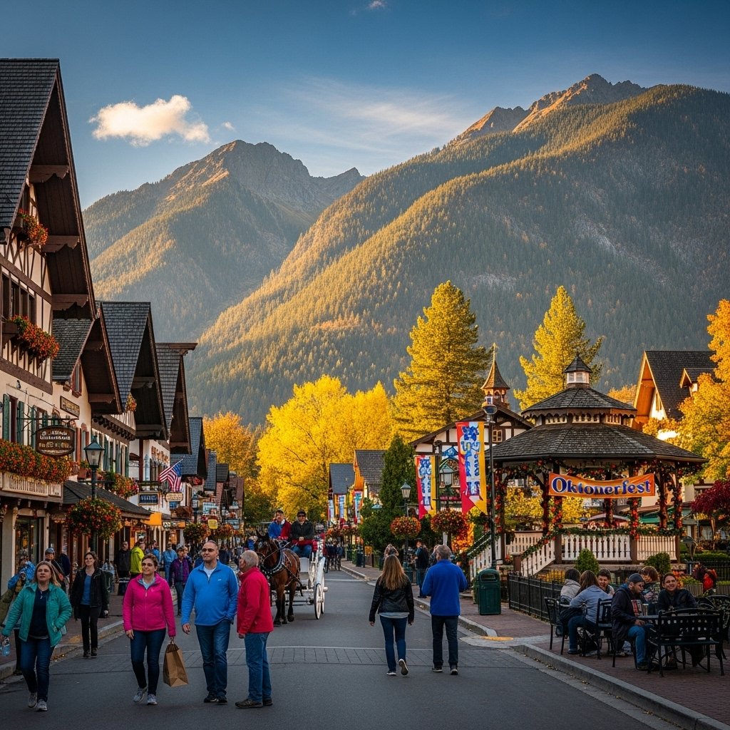 A picturesque view of Leavenworth's Bavarian-style buildings with mountains in the background.