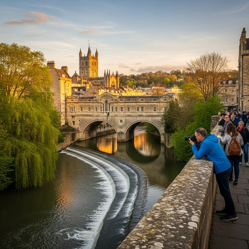 A picturesque view of Pulteney Bridge over the River Avon in Bath