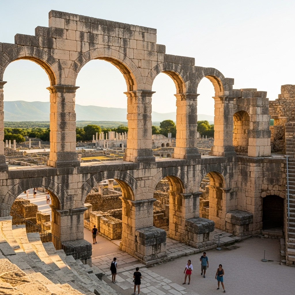 The impressive arches of the Roman amphitheater ruins in Salona, Croatia.