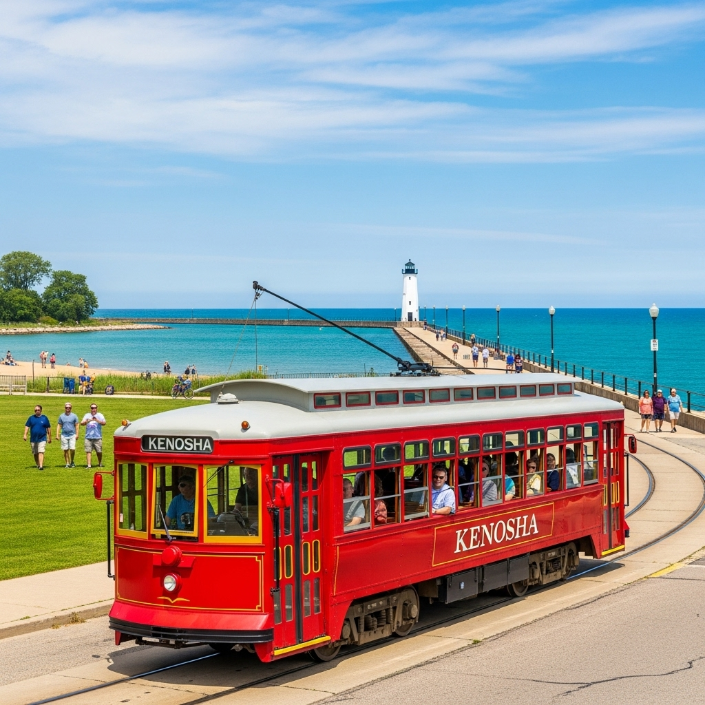 A beautiful view of the Kenosha lakefront and lighthouse on a sunny day.