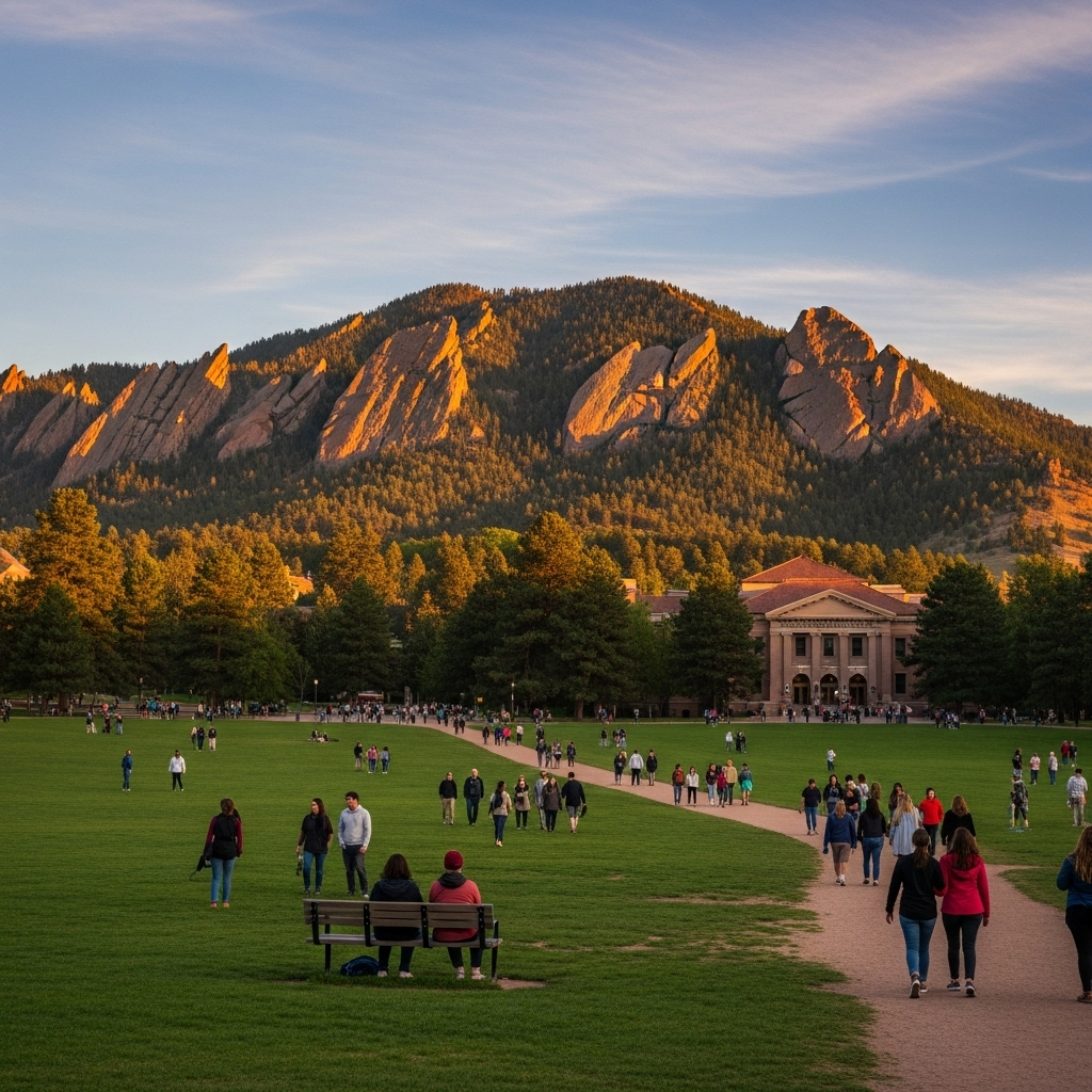 A family enjoying the view of the Flatirons at Chautauqua Park