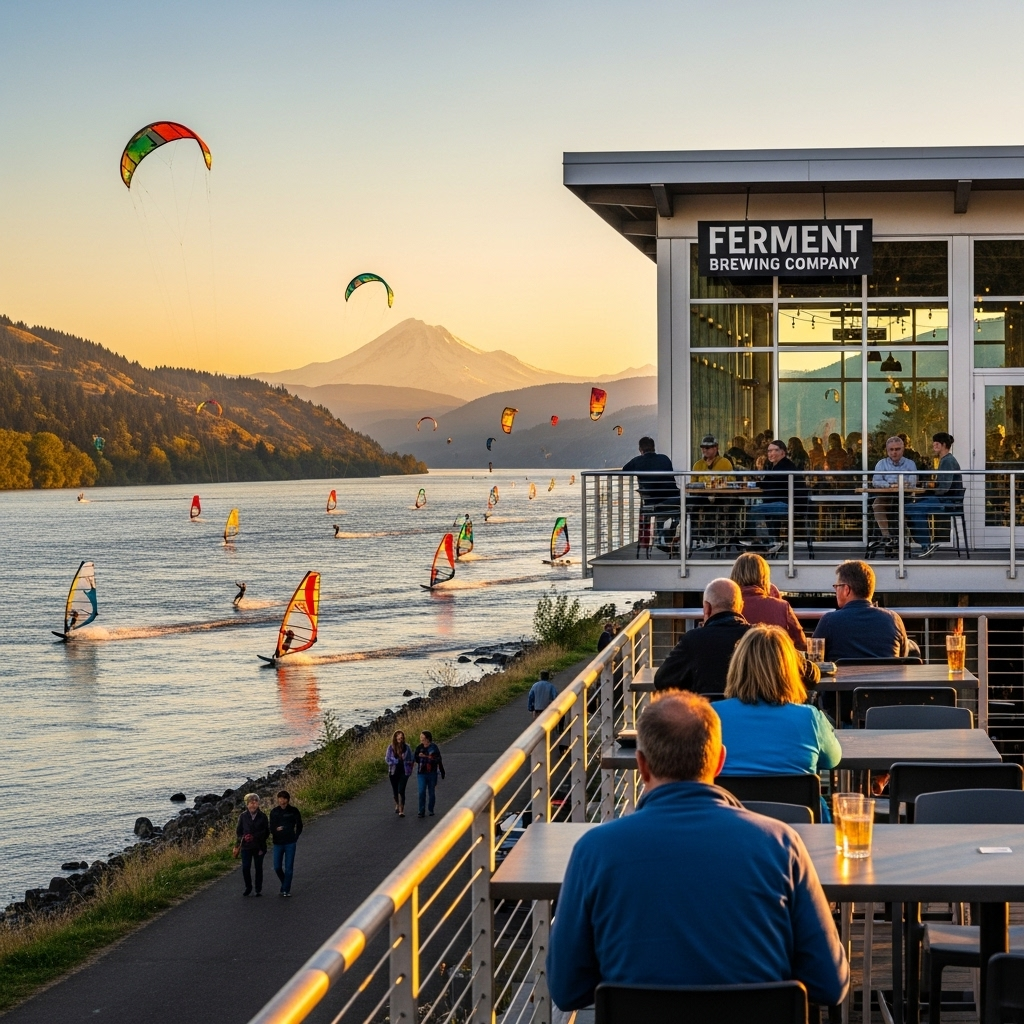 A sunny day in Hood River with the Columbia River and mountains in the background