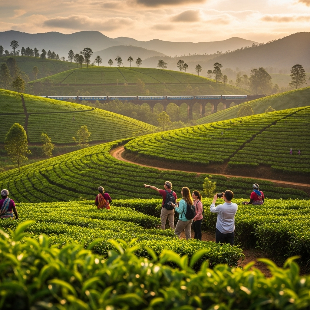 Tea pluckers in colorful saris working amidst the vibrant green tea fields of Sri Lanka's Hill Country