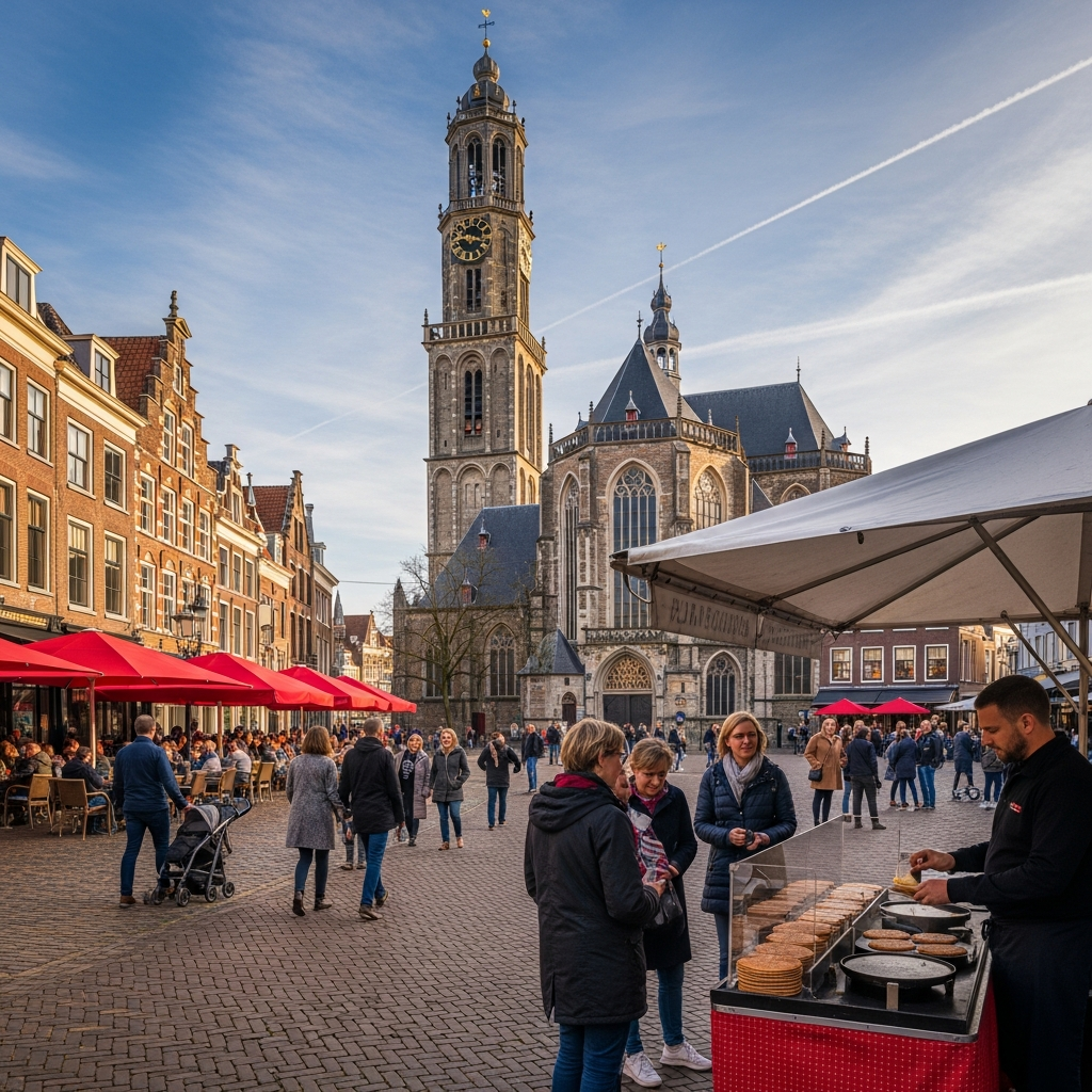 A picturesque canal scene in Haarlem with the De Adriaan Windmill in the background